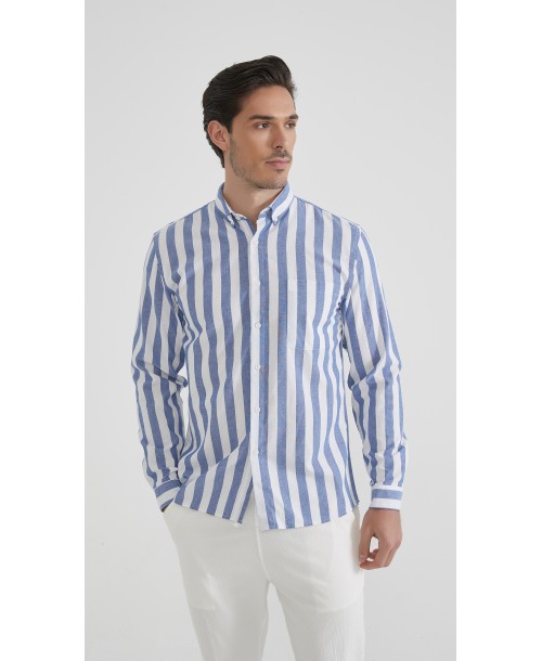LIN-L056-01 Chemise lin coton à rayures - Bleu