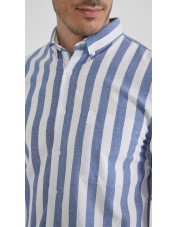 LIN-L056-01 Chemise lin coton à rayures - Bleu