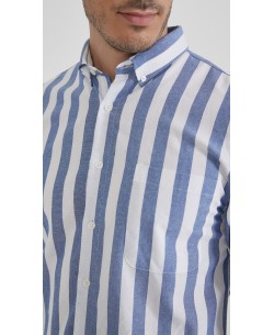 LIN-L056-01 Chemise lin coton à rayures - Bleu