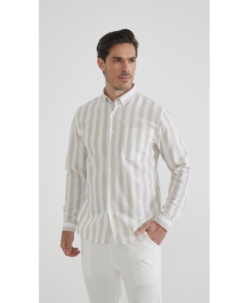 LIN-L056-02 Chemise lin coton à rayures - Beige