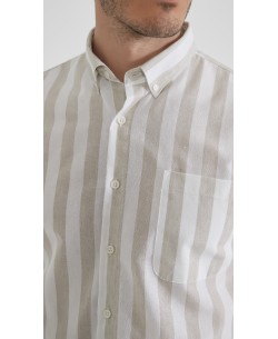 LIN-L056-02 Chemise lin coton à rayures - Beige