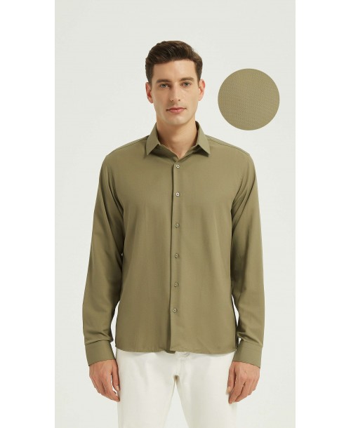  R002-48 Chemise coupe droite en coton piqué - Vert olive
