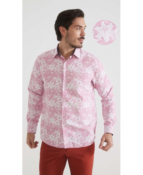 1506201-18 Chemise coupe droite à motifs - Rose
