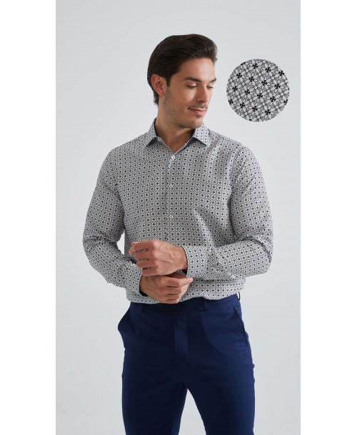 1506203-01 Chemise coupe droite à motifs - Blanc