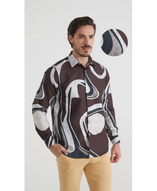 1506208-07 Chemise coupe droite à motifs - Marron