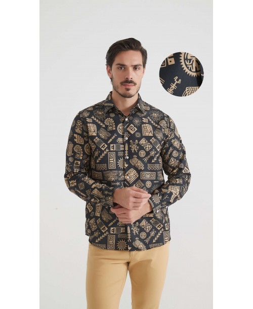 1506208-15 Chemise coupe droite à motifs - Noir