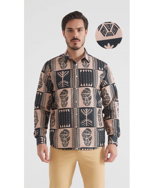 1506208-16 Chemise coupe droite à motifs - Camel