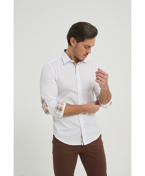 SLIM5053-01 Chemise carreaux tartan à coudières slim fit - Blanc