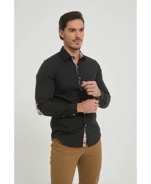 SLIM5053-02 Chemise carreaux tartan à coudières slim fit - Noir