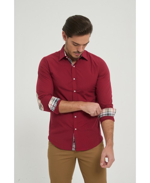SLIM5053-04 Chemise carreaux tartan à coudières slim fit - Bordeaux