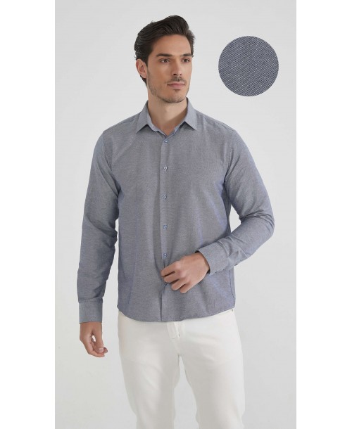  R002-12 Chemise coupe droite en coton piqué - Bleu