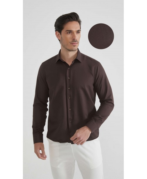R002-25 Chemise coupe droite en coton piqué - Marron R002-25 Chemise coupe droite en coton piqué - Marron