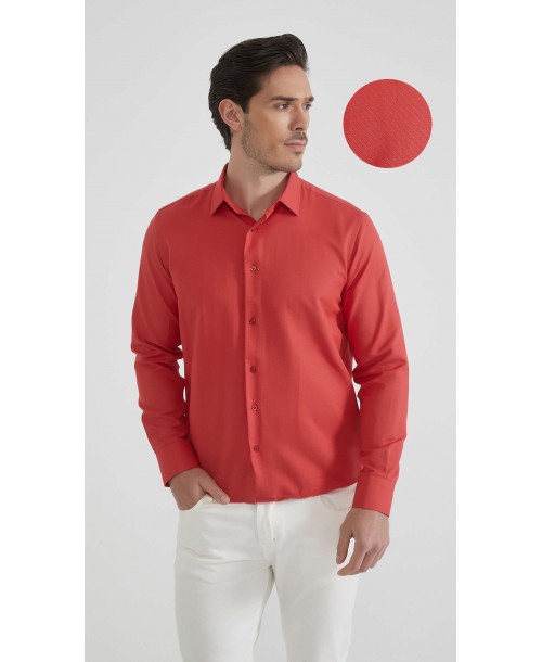  R002-38 Chemise coupe droite en coton piqué - Rouge
