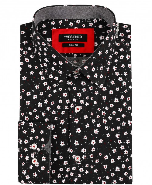 SLIM5038-14 Chemise noire slim fit motifs YARD