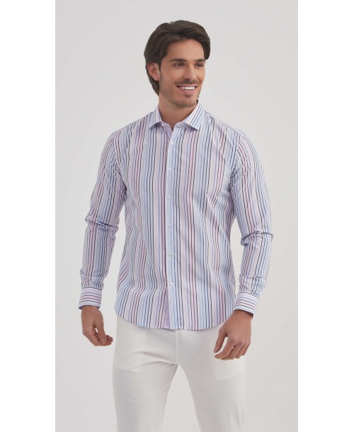 SLIM5154-4 Chemise à rayures bleues et bordeaux slim fit