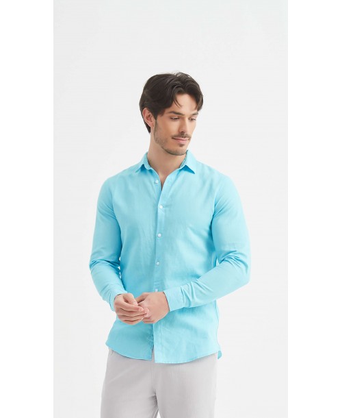 LIN-30-213 Chemise bleu turquoise en lin