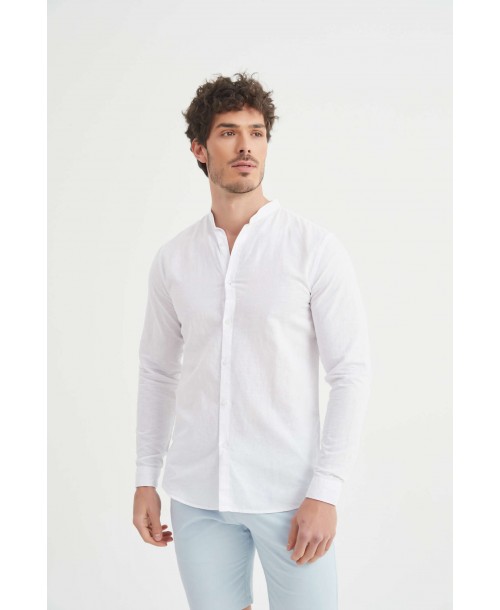 LIN-60-21 Chemise blanche col mao en lin
