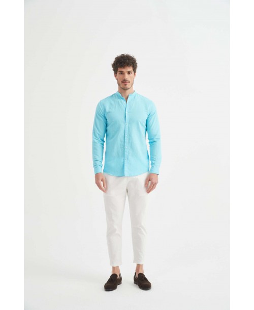 LIN-60-213 Chemise turquoise col mao en lin