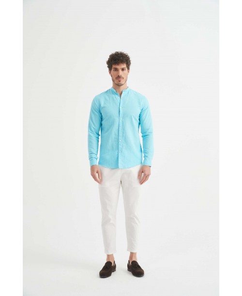 LIN-60-213 Chemise bleu turquoise col mao en lin à coupe ajustée