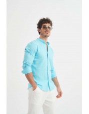 LIN-60-213 Chemise bleu turquoise col mao en lin à coupe ajustée