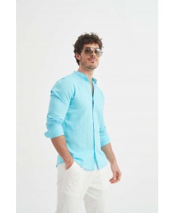 LIN-60-213 Chemise turquoise col mao en lin