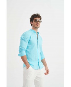 LIN-60-213 Chemise bleu turquoise col mao en lin à coupe ajustée