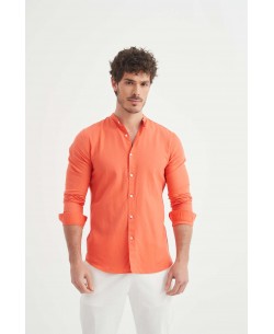 LIN-60-215 Chemise orange col mao en lin à coupe ajustée