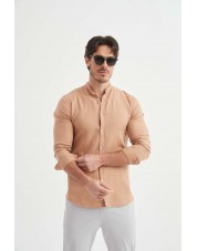 LIN-60-216 Chemise camel col mao en lin à coupe ajustée