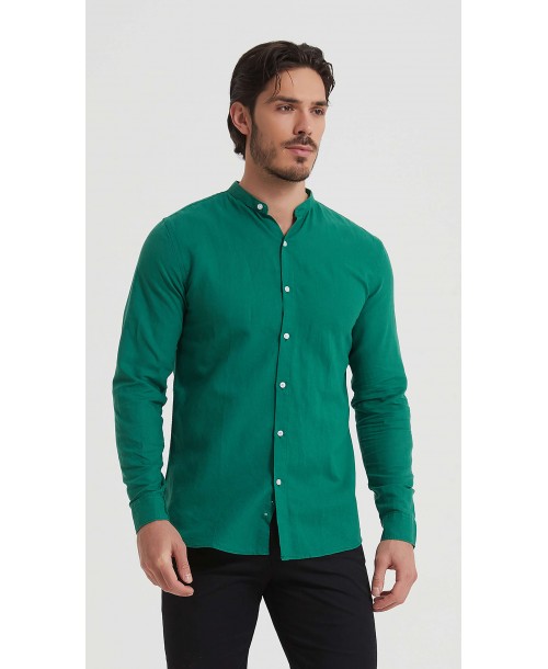 LIN-60-218 Chemise verte col mao en lin