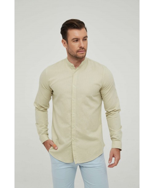 LIN-60-219 Chemise jaune col mao en lin