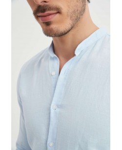 LIN-60-22 Chemise bleu ciel col mao en lin
