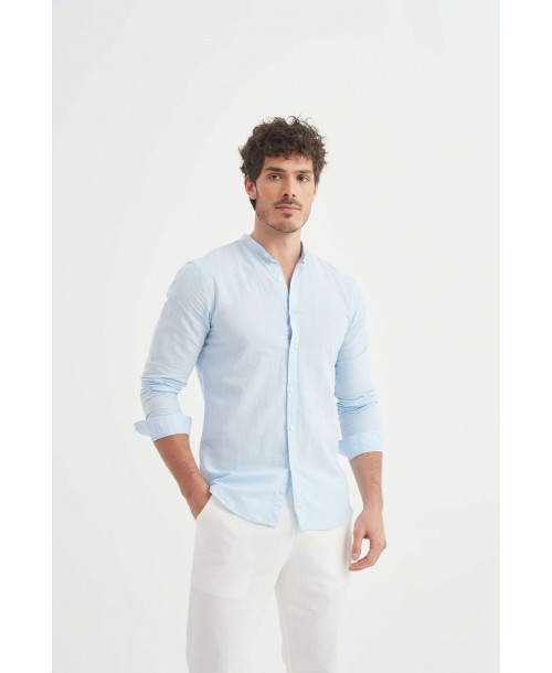 LIN-60-22 Chemise bleu ciel col mao en lin