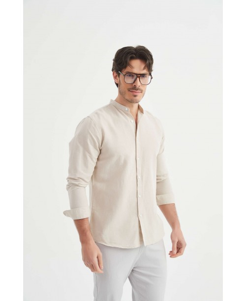 LIN-60-23 Chemise beige col mao en lin