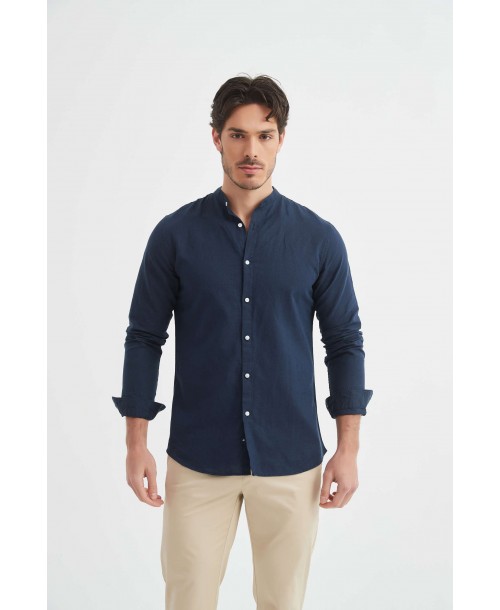 LIN-60-24 Chemise marine col mao en lin