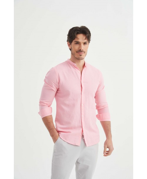 LIN-60-25 Chemise rose col mao en lin