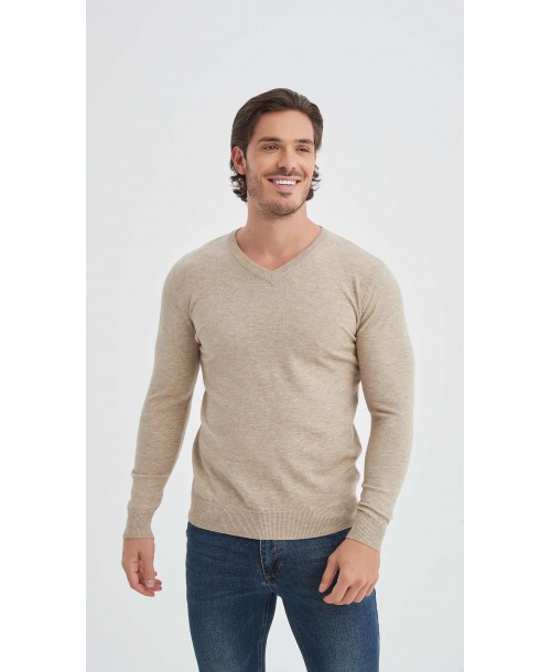 YE-6745-201 Pull beige chiné col V