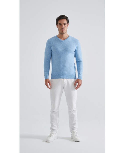 YE-6745-202 Pull bleu chiné col V