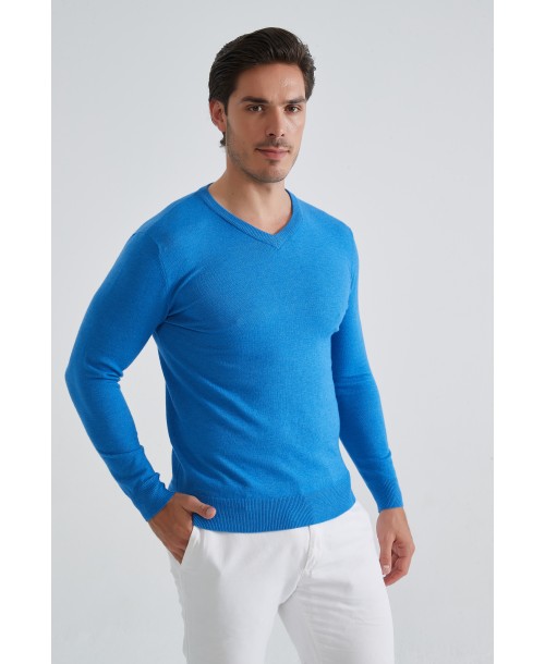 YE-6745-218 Pull Bleu de france col V