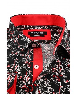 SLIM5041-02 Chemise noire & rouge slim fit motifs EVASION