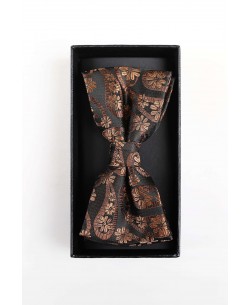 BT-0612 Brown flowery prints bow tie in box & pocket square