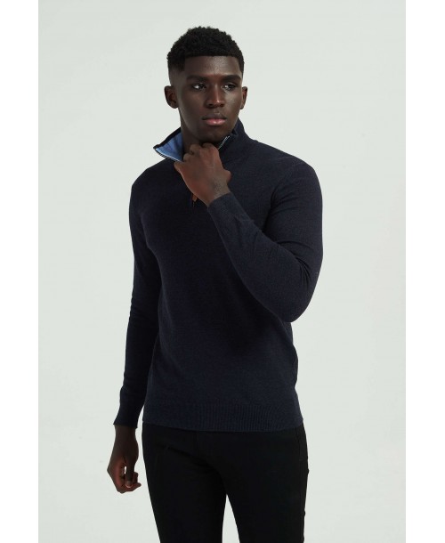YE-6738-104 High zip neck navy blue vintage jumper