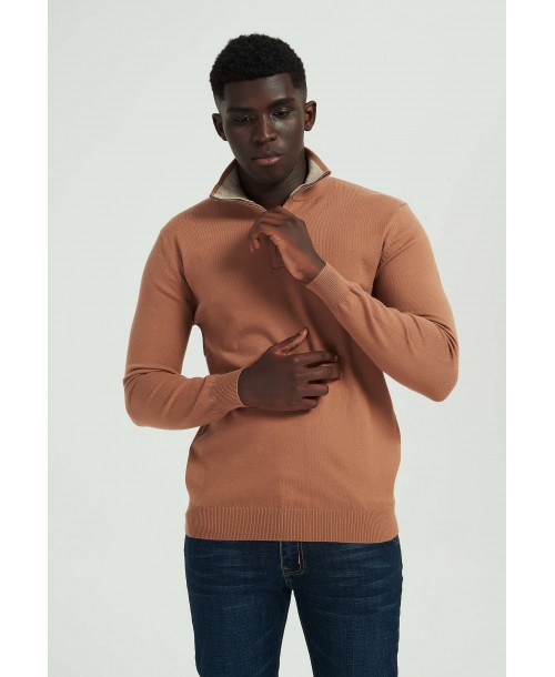 YE-6738-115 High zip neck camel jumper