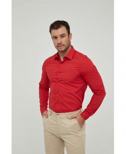 SLIM1009-22 Chemise unie rouge en slim fit