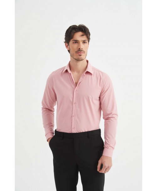 SLIM1009-83 Chemise unie rose saumon en slim fit