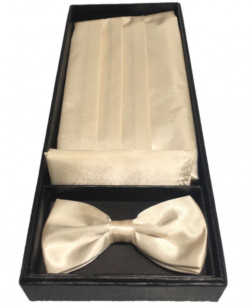 05004 Coffret cérémonie comprenant un noeud papillon, une ceinture de smoking et une pochette en beige