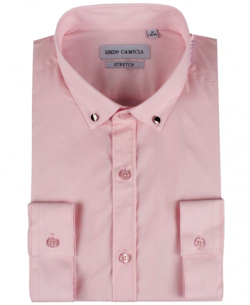 ENZO-042-4 Pink STRETCH slim shirt metallic buttons on collar
