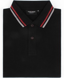 YE-8842-2 Polo noir avec col à liseré bicolor