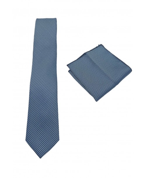 CRP-324 Cravate bleue à motifs avec pochette - 7 cm