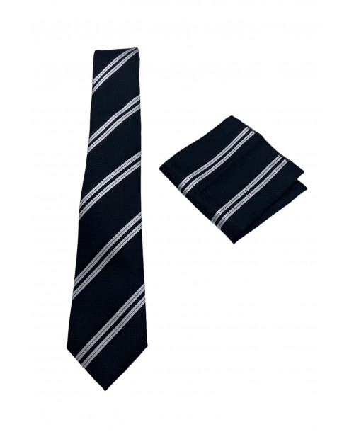 CRP-325 Cravate noire à rayures avec pochette - 7 cm