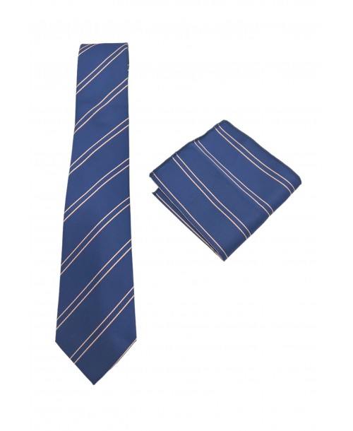CRP-326 Cravate bleu marine à rayures avec pochette - 7 cm